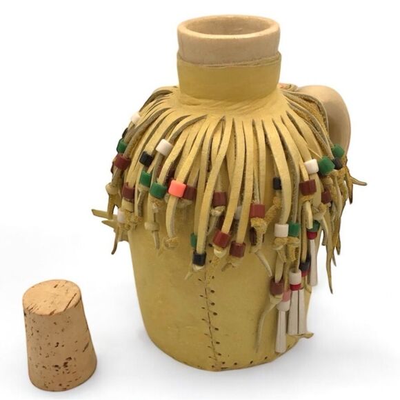 Hobbyist Suede Leather Wrapped Ceramic Jug with Beaded Fringe Braided Strap - Picture 8 of 16